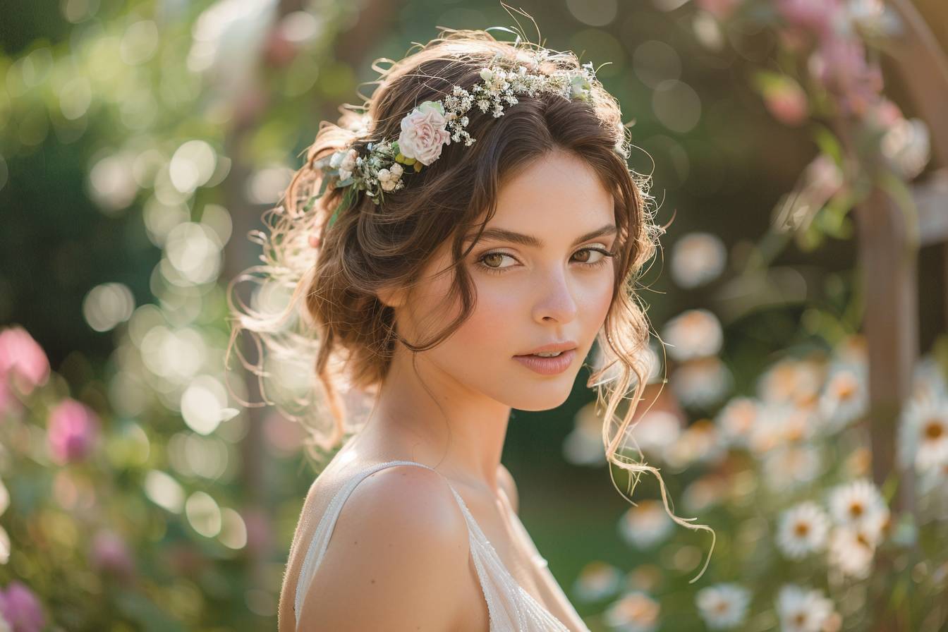 Coiffure mariage avec couronne de fleurs